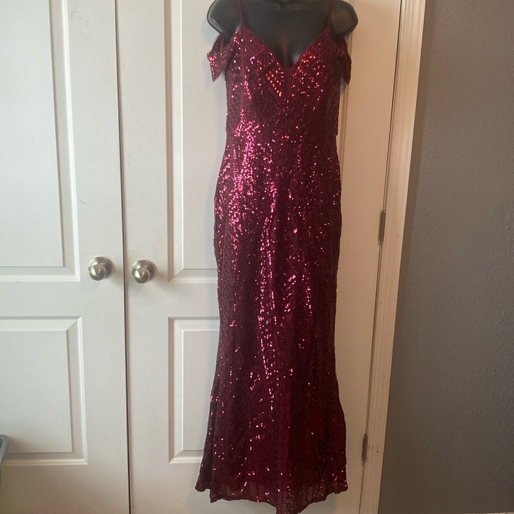 Nightway maroon sequence cold shoulder floor length prom dress